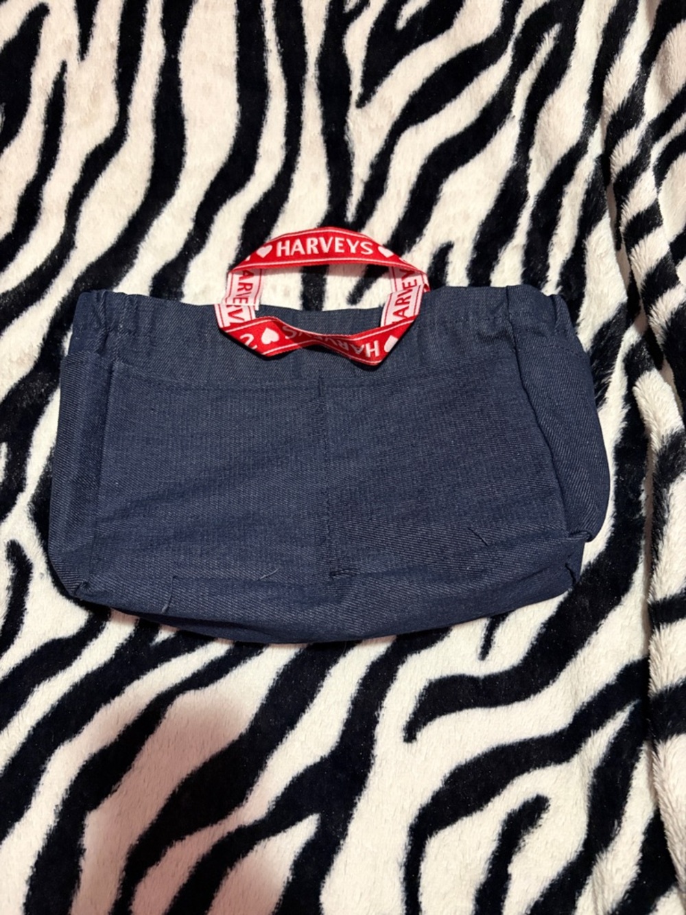 Harveys Navy Denim Tote with Red Logo Handles. Purse insert